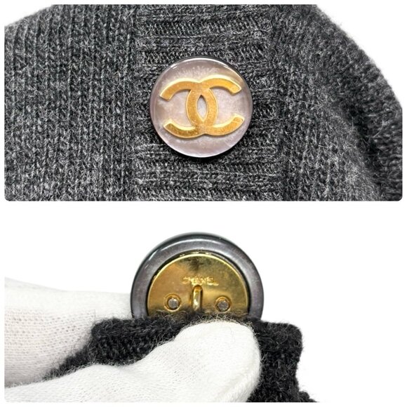 CHANEL Vintage CC Mark Logo Knit Sweater Button Dark Gray Gold Cashmere [106393] - Picture 11 of 12